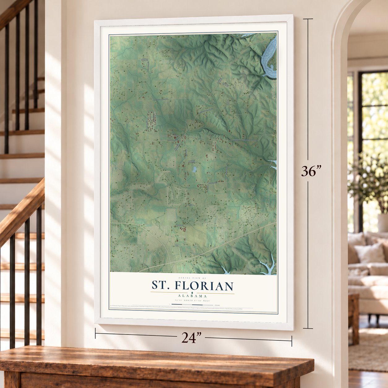 St. Florian, Alabama map, 24 x 36 inch print in a white frame by a staircase