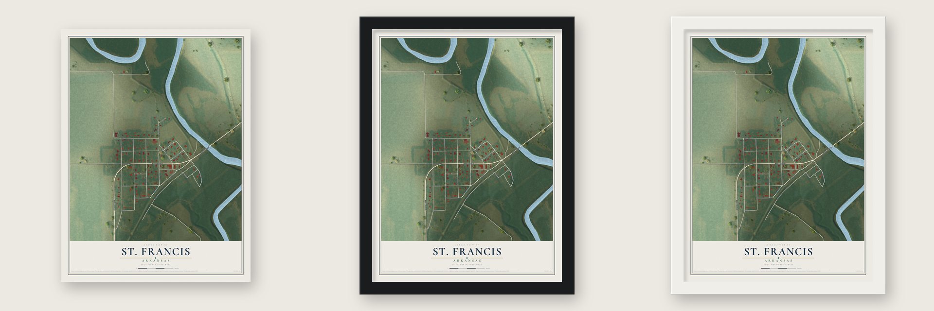 St. Francis, Arkansas map unframed, in a black wood frame and in a white wood frame
