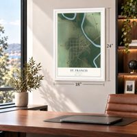 St. Francis, Arkansas map, 18 x 24 inch print in a white frame in a home office