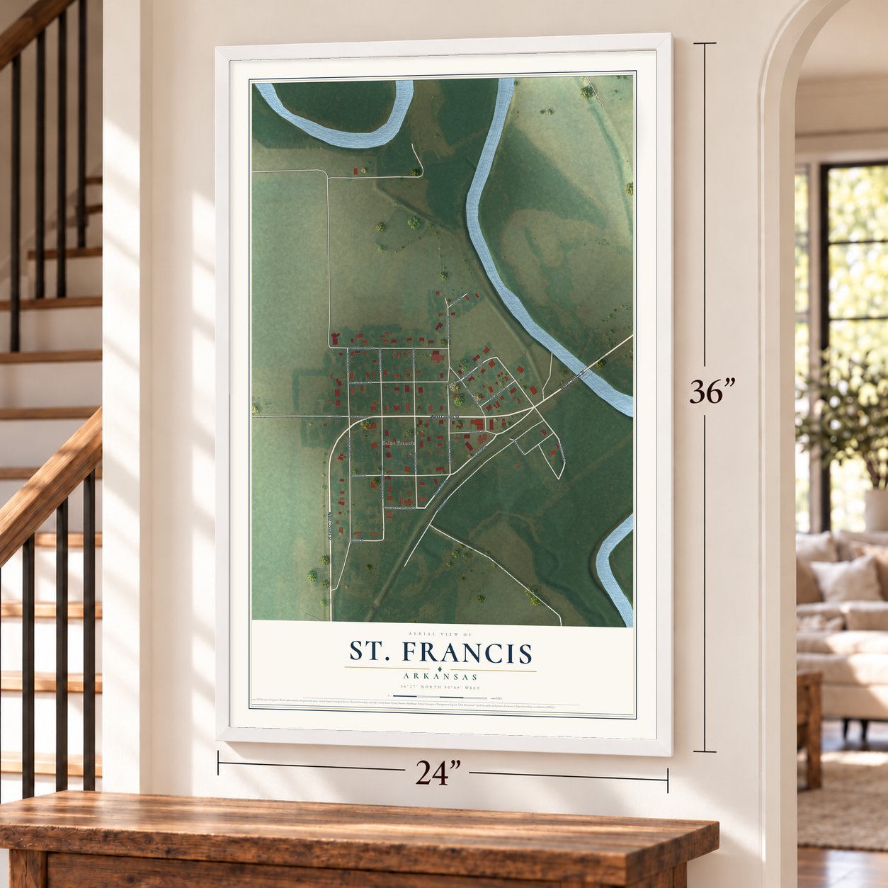 St. Francis, Arkansas map, 24 x 36 inch print in a white frame by a staircase