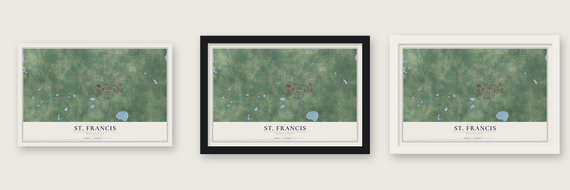 St. Francis, Minnesota map unframed, in a black wood frame and in a white wood frame