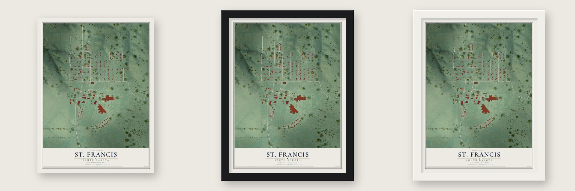 St. Francis, South Dakota map unframed, in a black wood frame and in a white wood frame