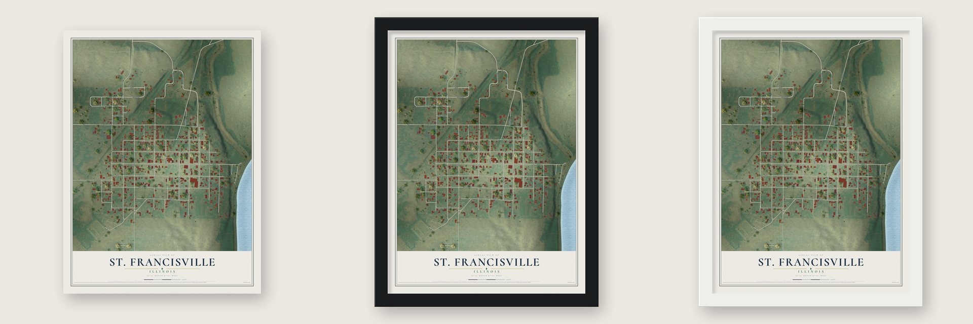 St. Francisville, Illinois map unframed, in a black wood frame and in a white wood frame