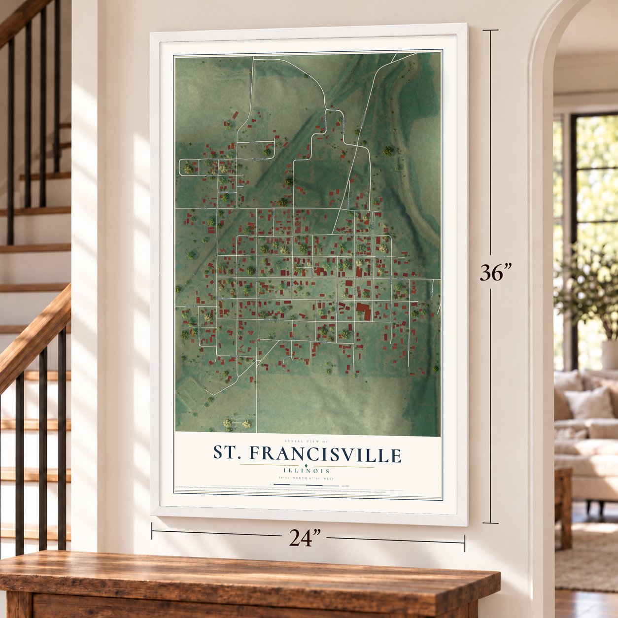 St. Francisville, Illinois map, 24 x 36 inch print in a white frame by a staircase