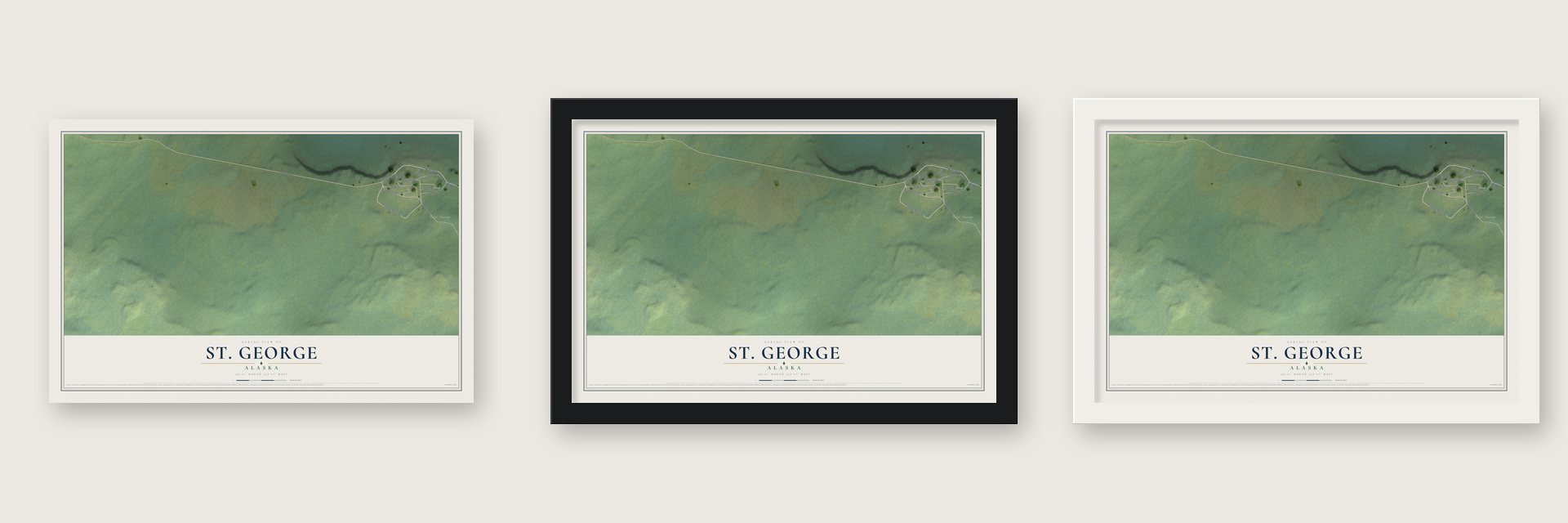 St. George, Alaska map unframed, in a black wood frame and in a white wood frame