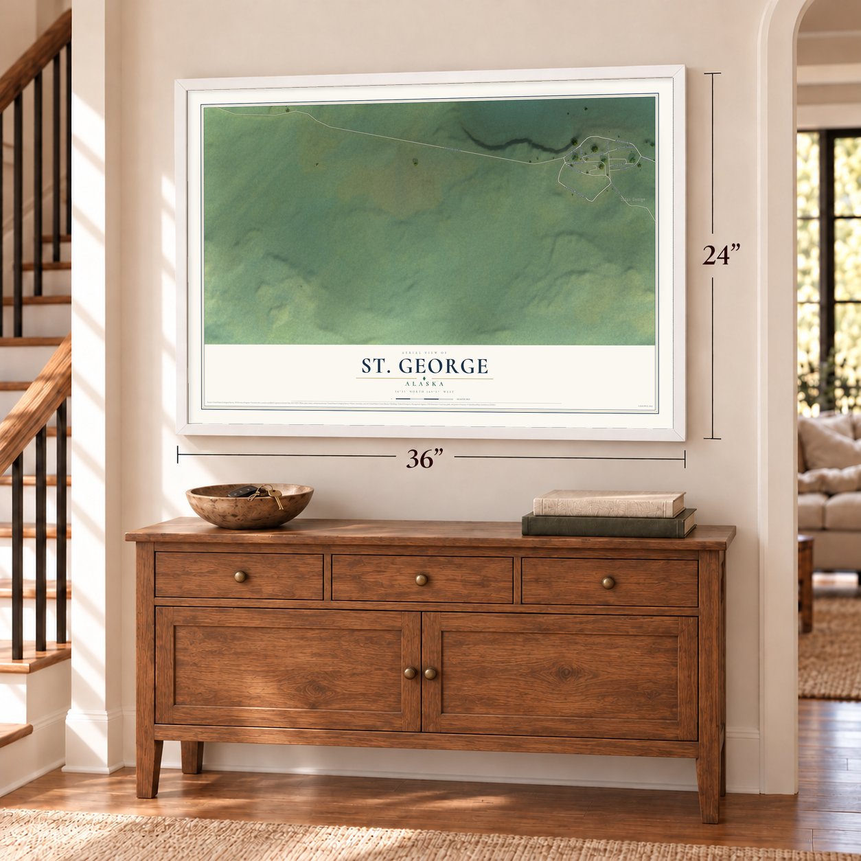 St. George, Alaska map, 24 x 36 inch print in a white frame above a dresser by a staircase