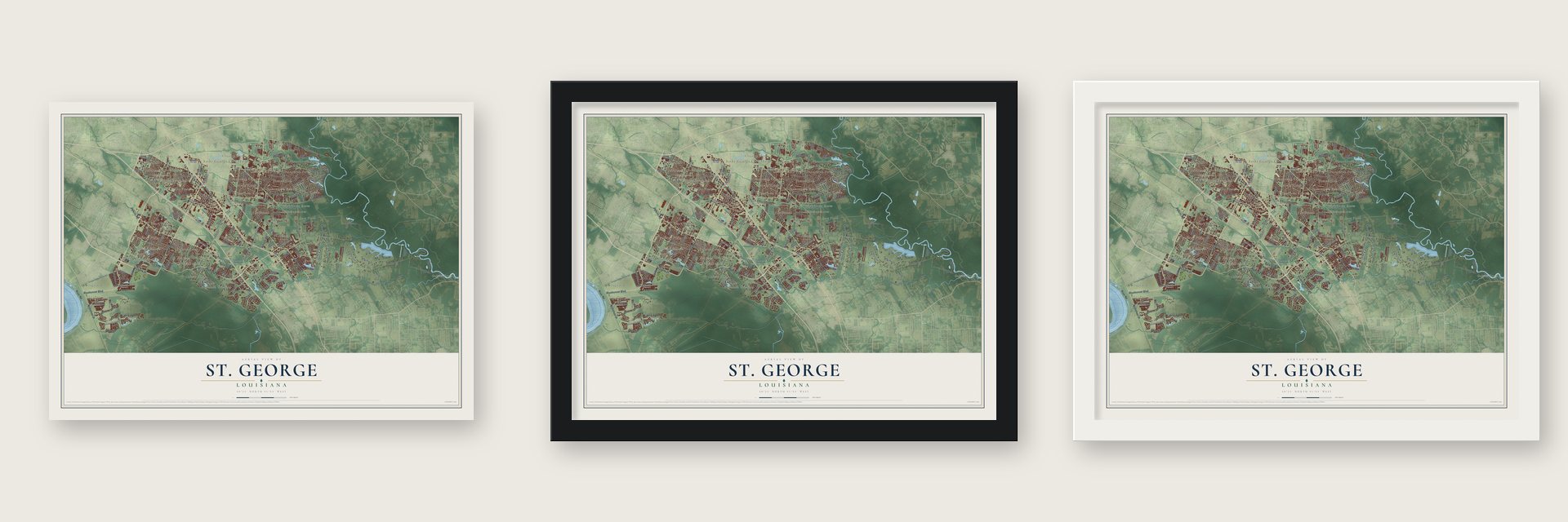 St. George, Louisiana map unframed, in a black wood frame and in a white wood frame