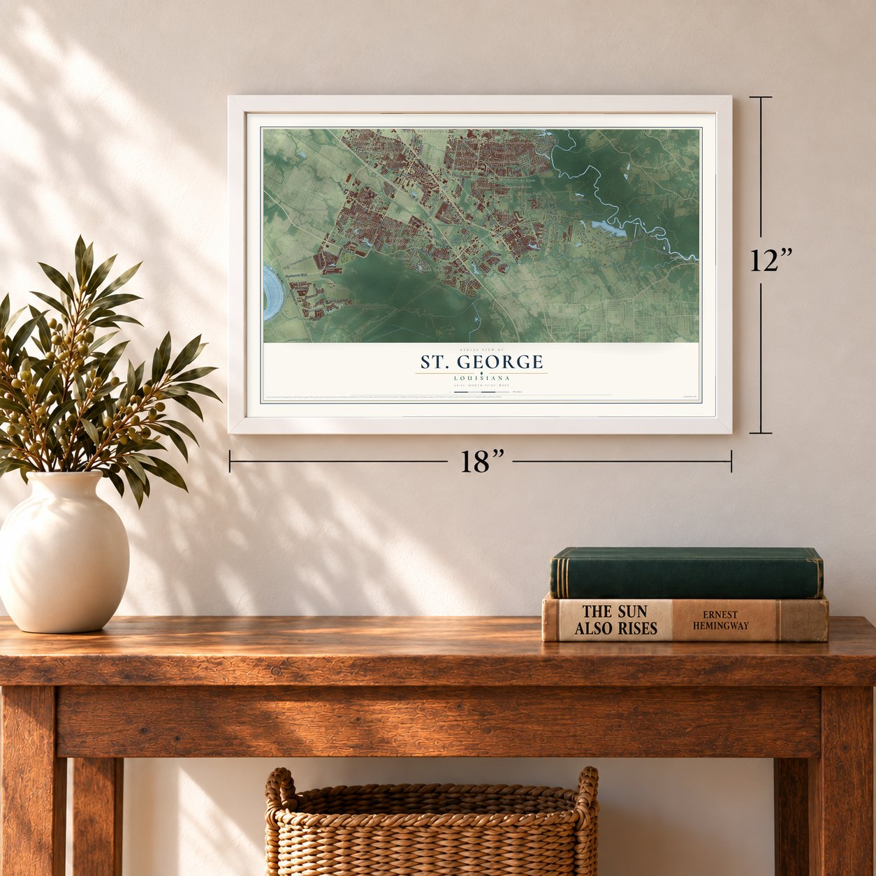 St. George, Louisiana map, 12 x 18 inch print in a white frame in an entryway