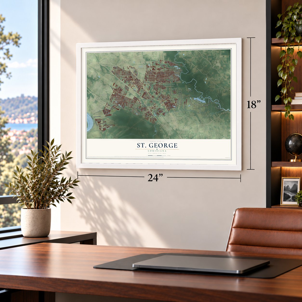 St. George, Louisiana map, 18 x 24 inch print in a white frame in a home office