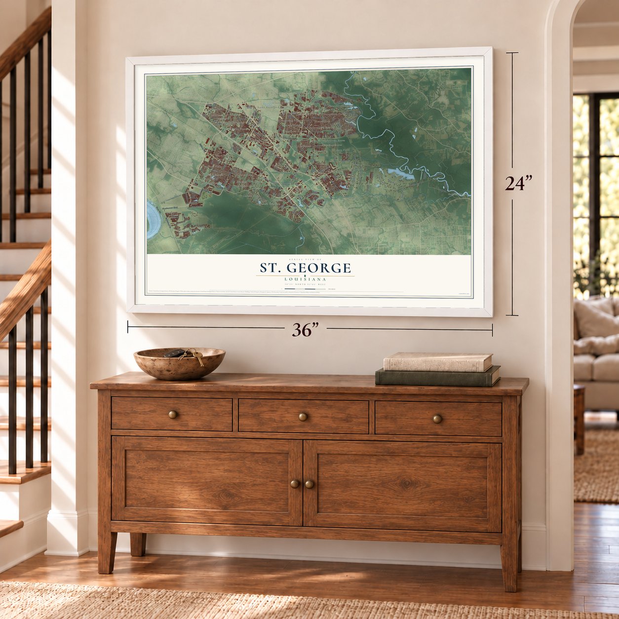 St. George, Louisiana map, 24 x 36 inch print in a white frame above a dresser by a staircase