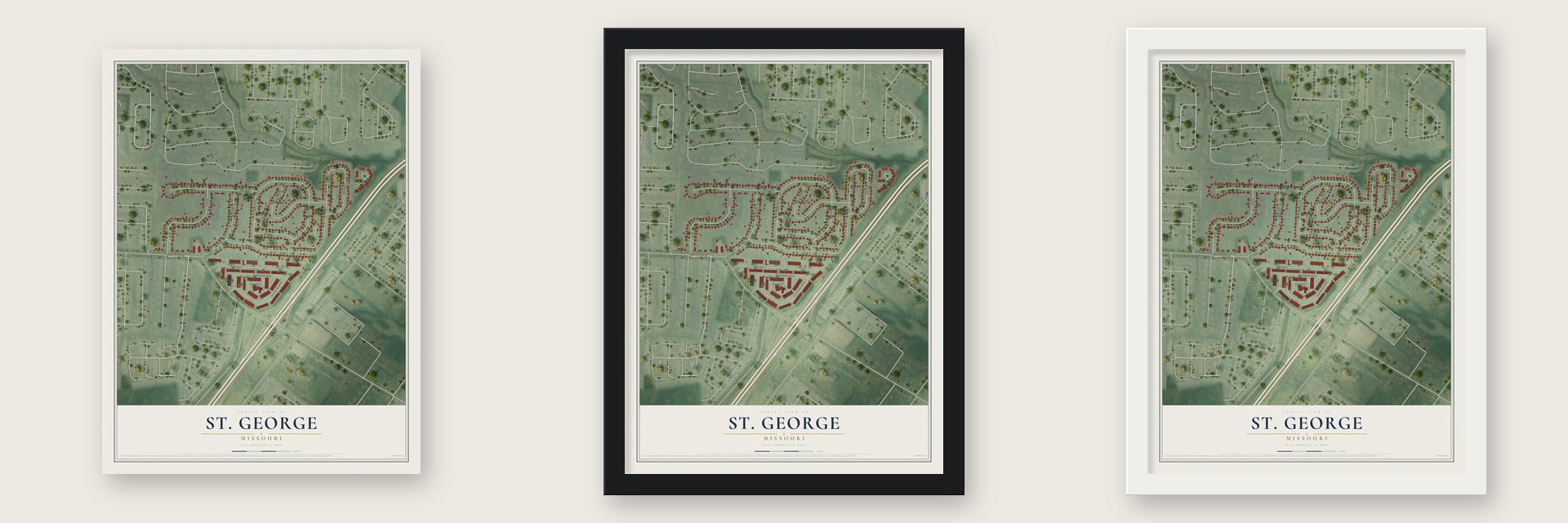 St. George, Missouri map unframed, in a black wood frame and in a white wood frame
