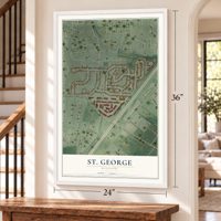 St. George, Missouri map, 24 x 36 inch print in a white frame by a staircase
