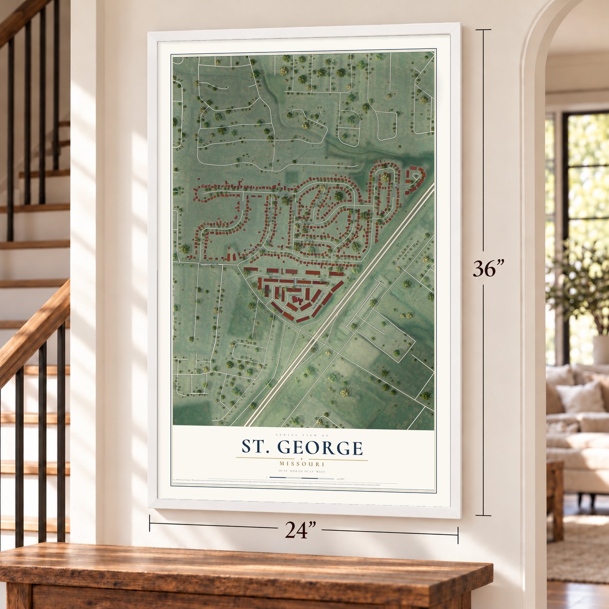 St. George, Missouri map, 24 x 36 inch print in a white frame by a staircase