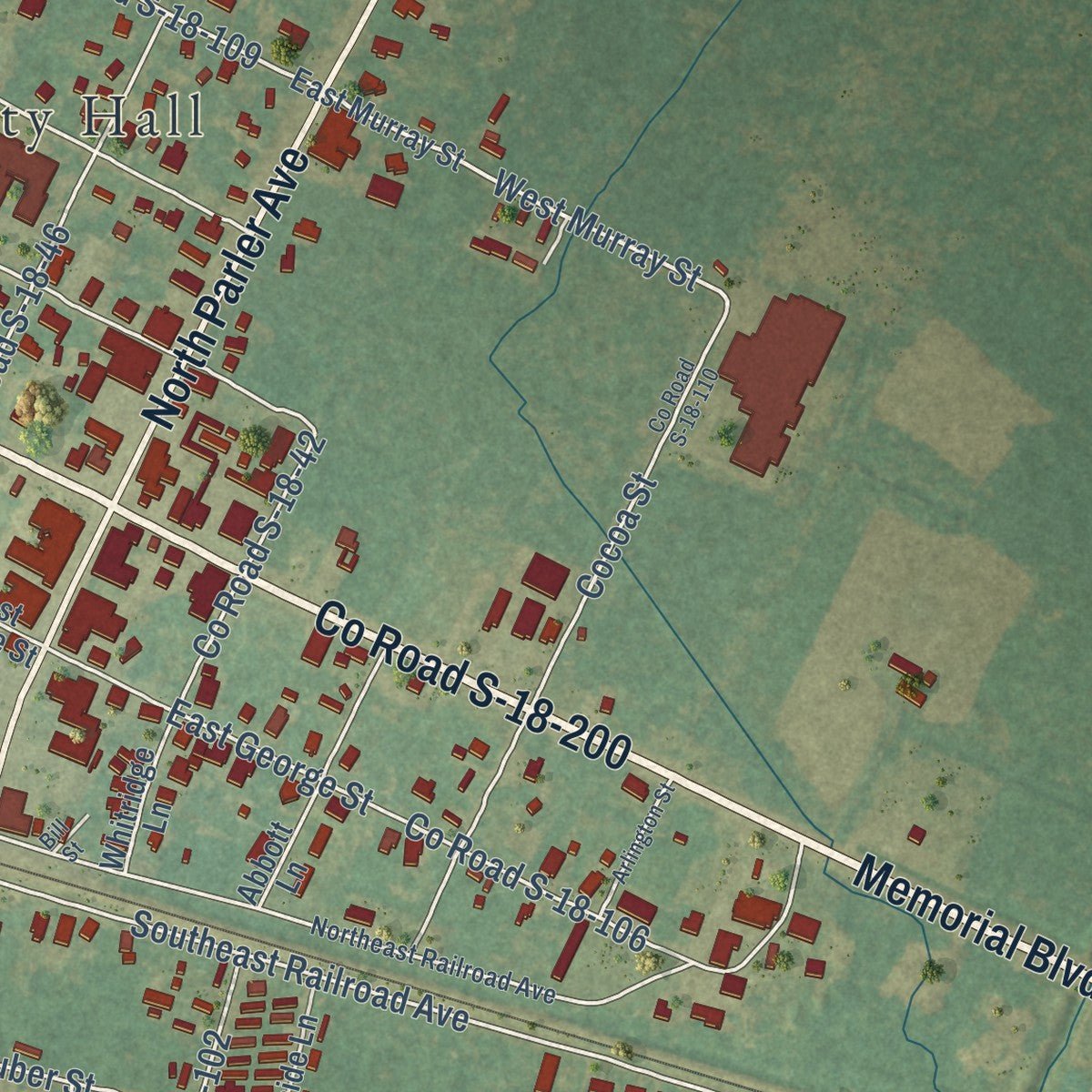 Second close-up of the map of St. George, South Carolina print showing more streets and buildings