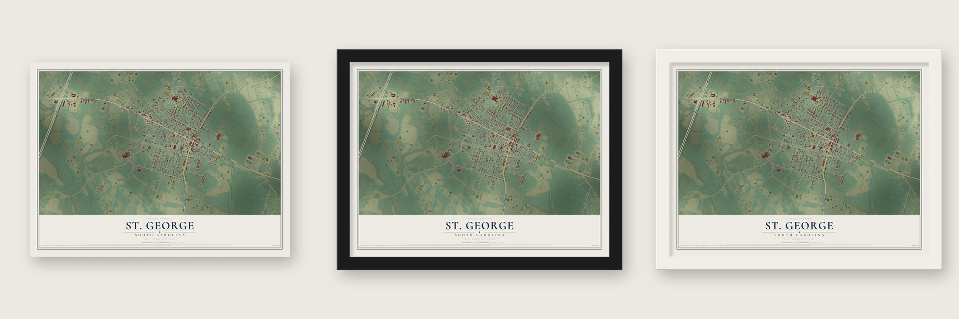 St. George, South Carolina map unframed, in a black wood frame and in a white wood frame