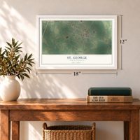 St. George, South Carolina map, 12 x 18 inch print in a white frame in an entryway