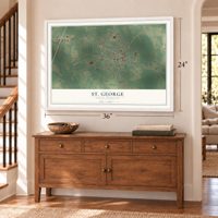 St. George, South Carolina map, 24 x 36 inch print in a white frame above a dresser by a staircase