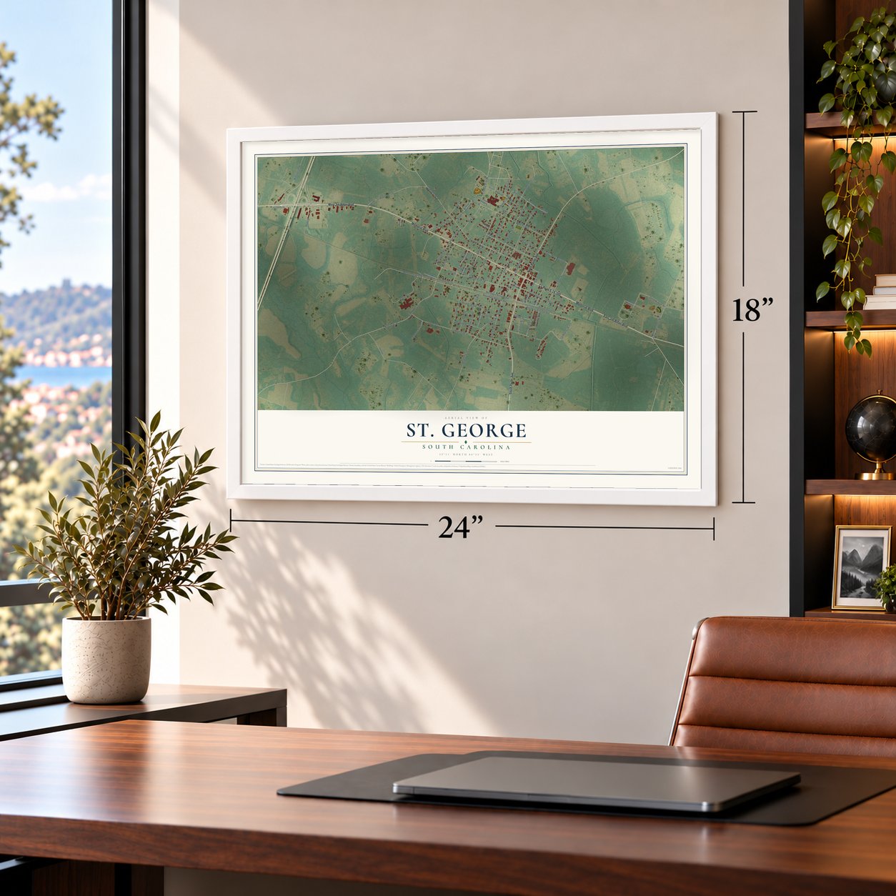 St. George, South Carolina map, 18 x 24 inch print in a white frame in a home office
