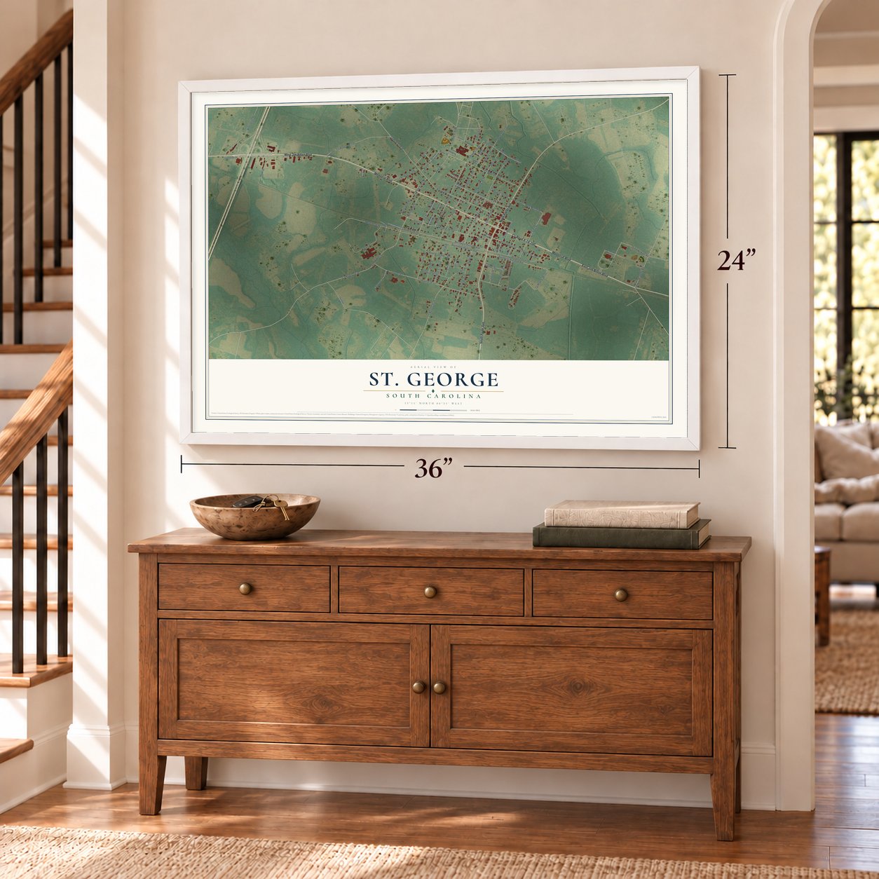 St. George, South Carolina map, 24 x 36 inch print in a white frame above a dresser by a staircase