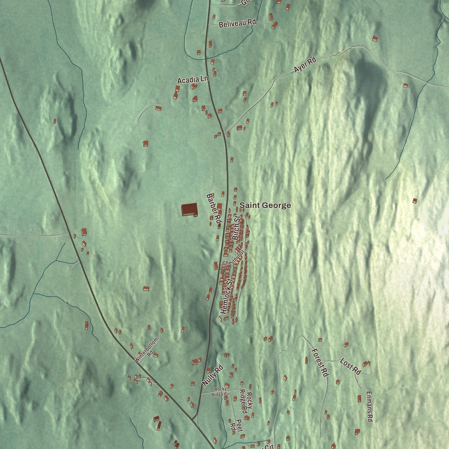 Close-up of the map of St. George, Vermont print showing terrain and local geography