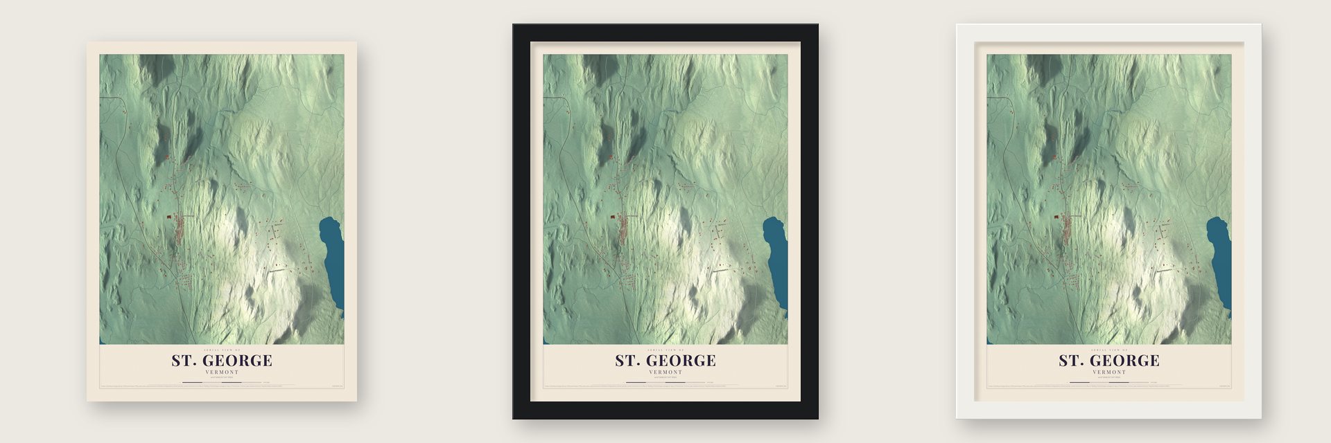 St. George, Vermont map unframed, in a black wood frame and in a white wood frame