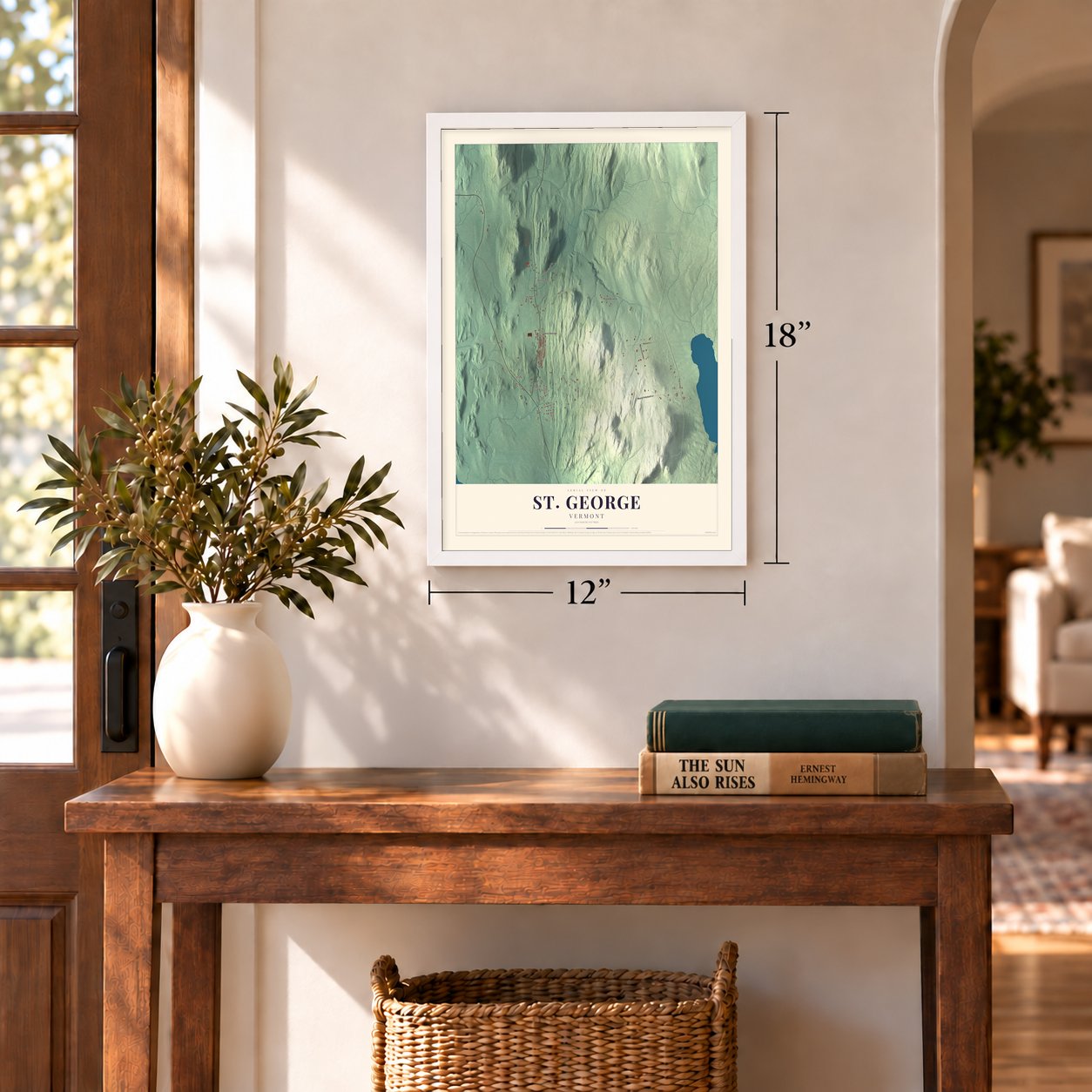 St. George, Vermont map, 12 x 18 inch print in a white frame in an entryway