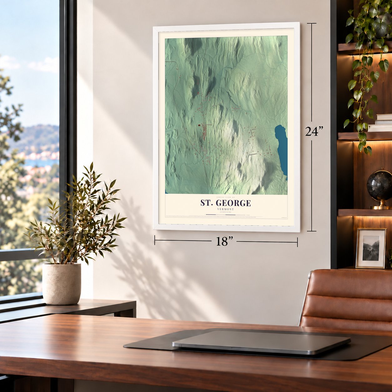 St. George, Vermont map, 18 x 24 inch print in a white frame in a home office