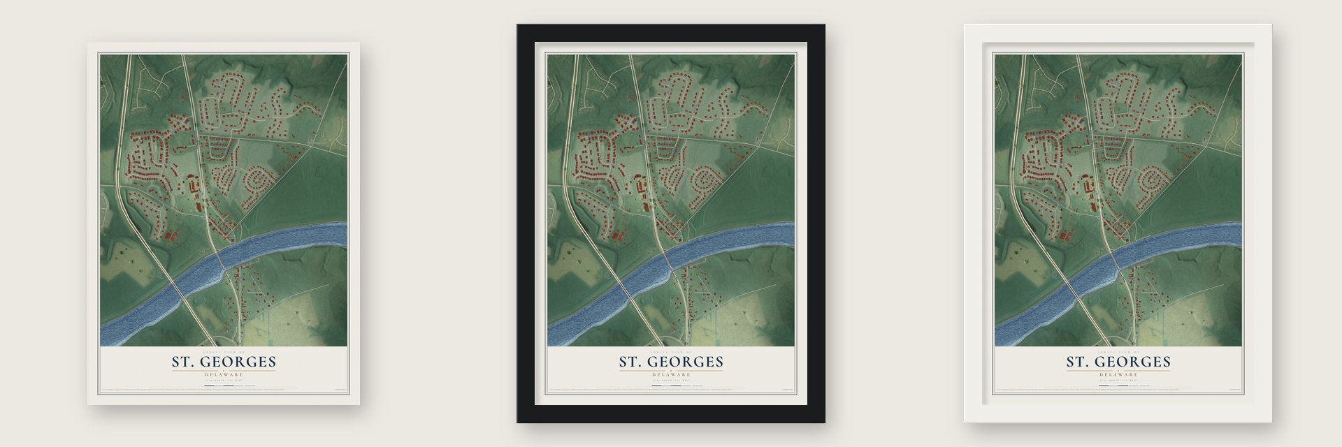 St. Georges, Delaware map unframed, in a black wood frame and in a white wood frame