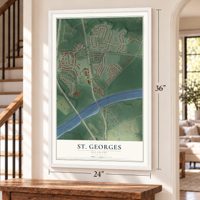 St. Georges, Delaware map, 24 x 36 inch print in a white frame by a staircase