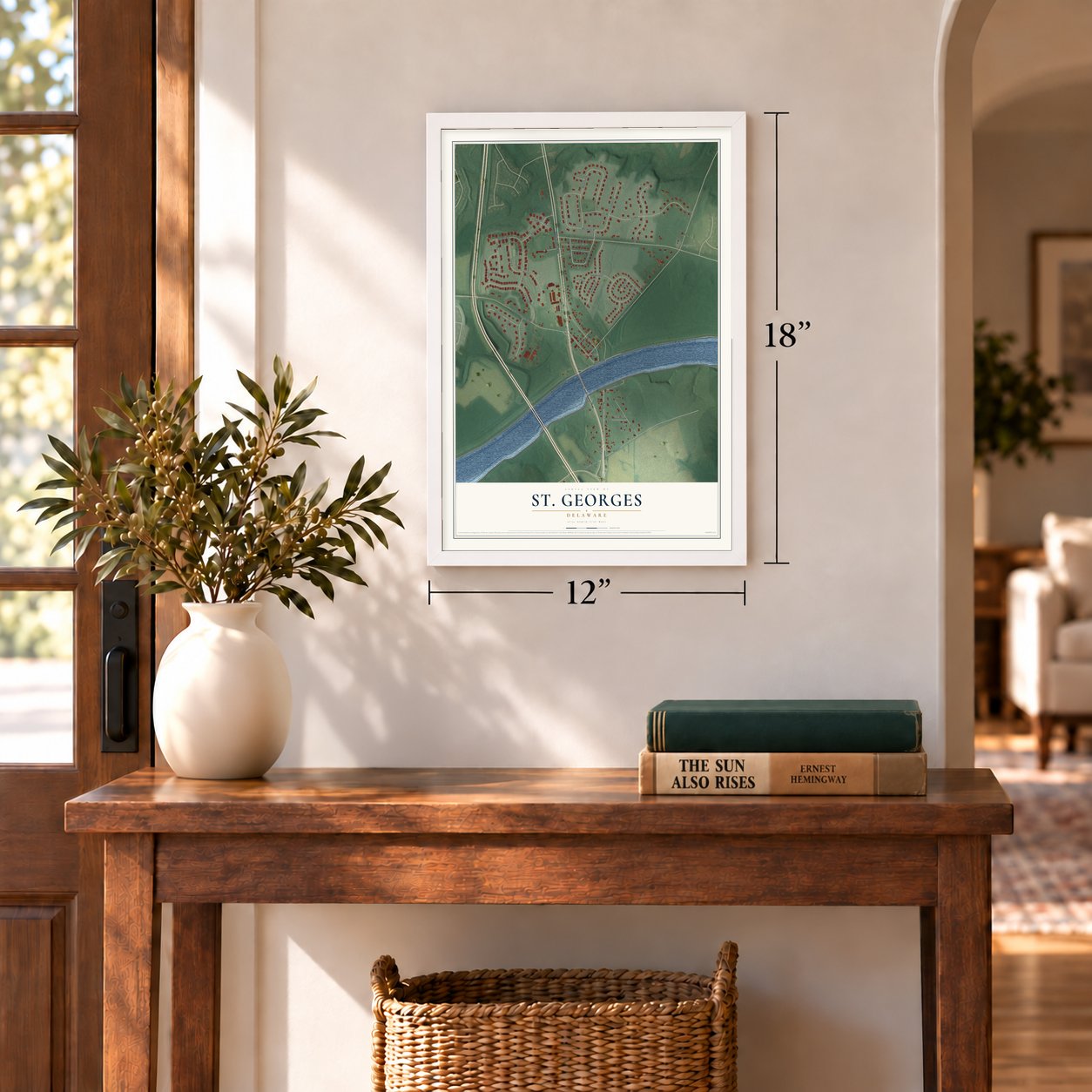 St. Georges, Delaware map, 12 x 18 inch print in a white frame in an entryway