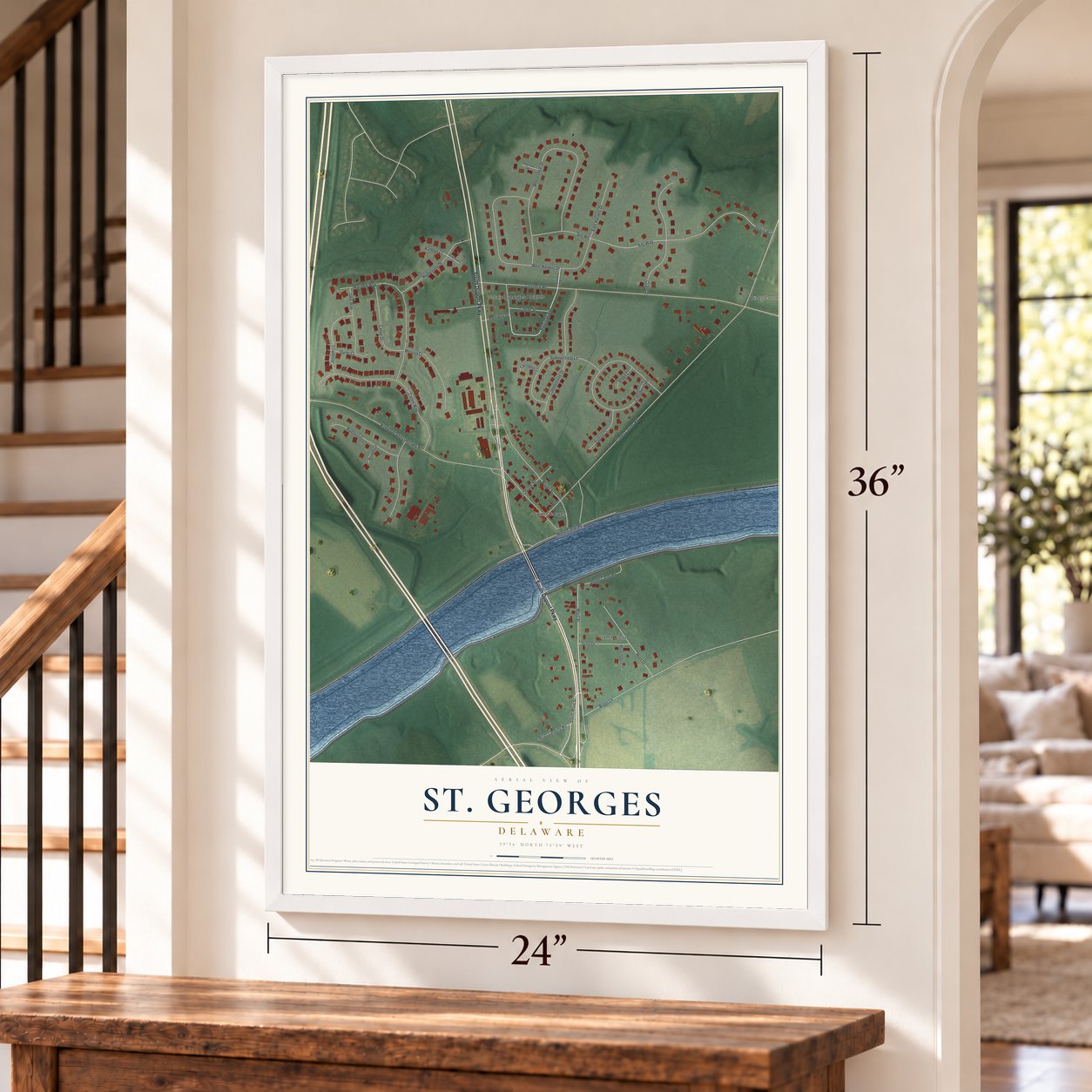St. Georges, Delaware map, 24 x 36 inch print in a white frame by a staircase