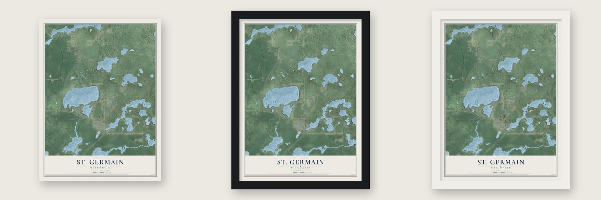 St. Germain, Wisconsin map unframed, in a black wood frame and in a white wood frame