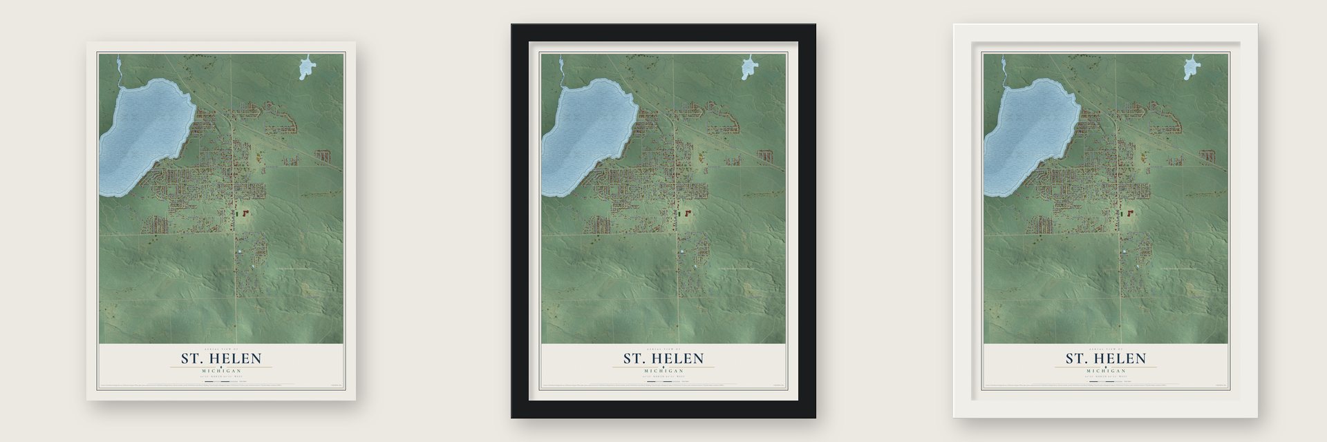 St. Helen, Michigan map unframed, in a black wood frame and in a white wood frame