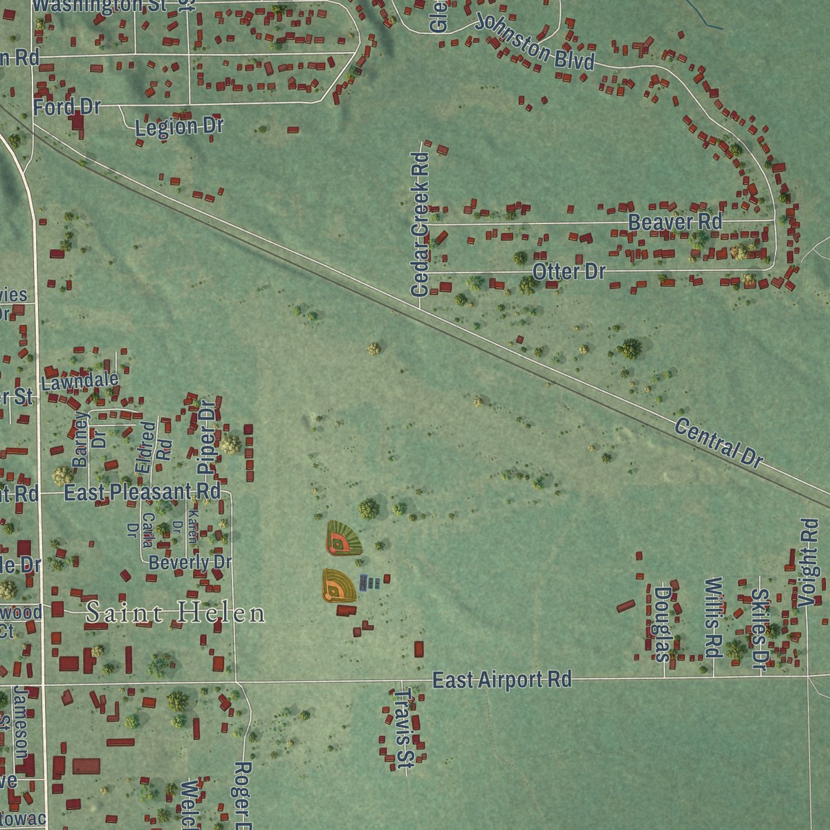 Second close-up of the map of St. Helen, Michigan print showing more streets and buildings