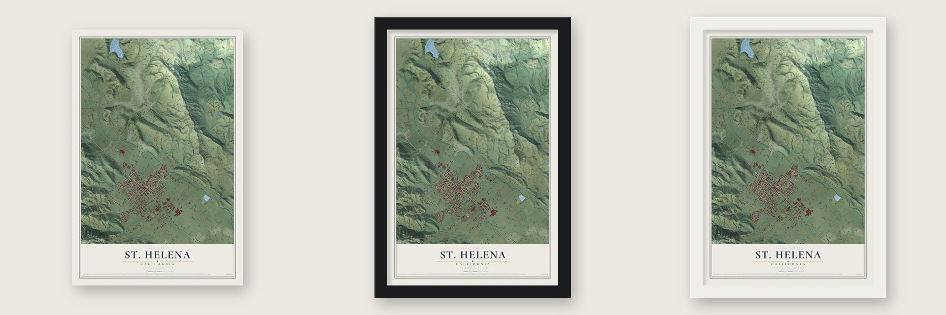 St. Helena, California map unframed, in a black wood frame and in a white wood frame