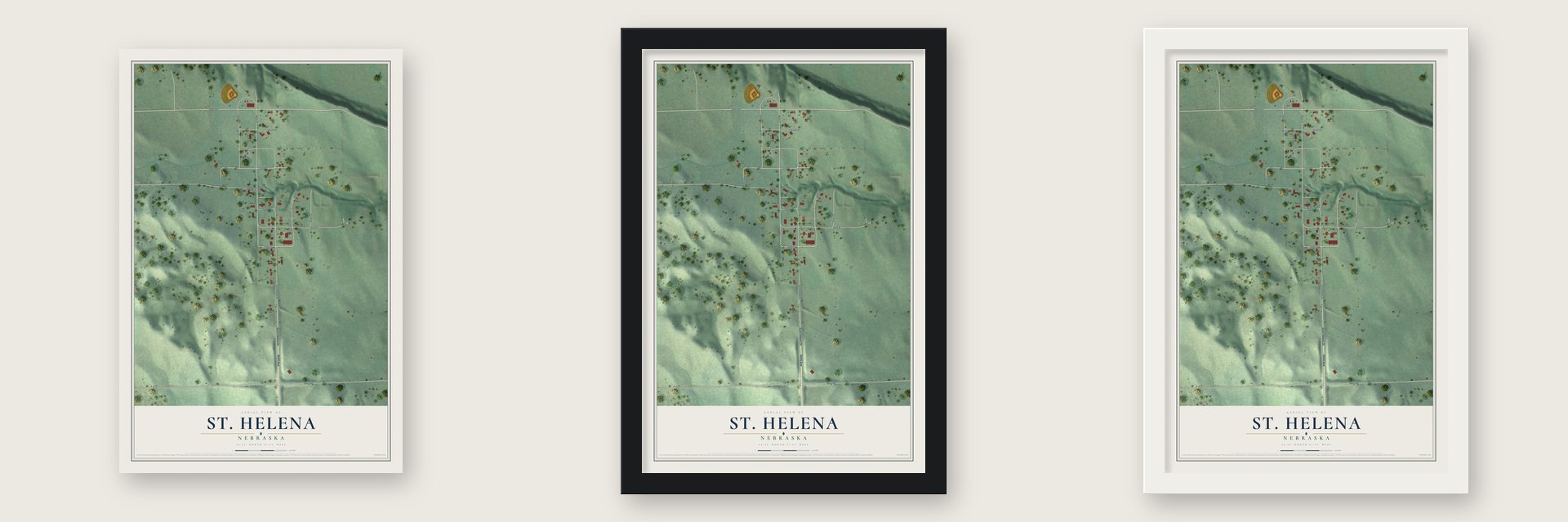 St. Helena, Nebraska map unframed, in a black wood frame and in a white wood frame