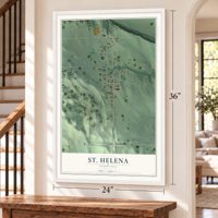 St. Helena, Nebraska map, 24 x 36 inch print in a white frame by a staircase