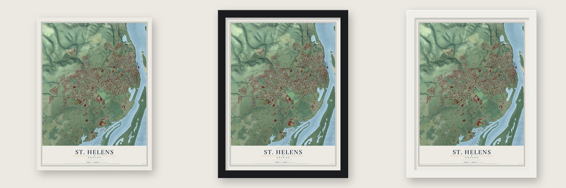 St. Helens, Oregon map unframed, in a black wood frame and in a white wood frame
