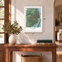 St. Helens, Oregon map, 12 x 18 inch print in a white frame in an entryway