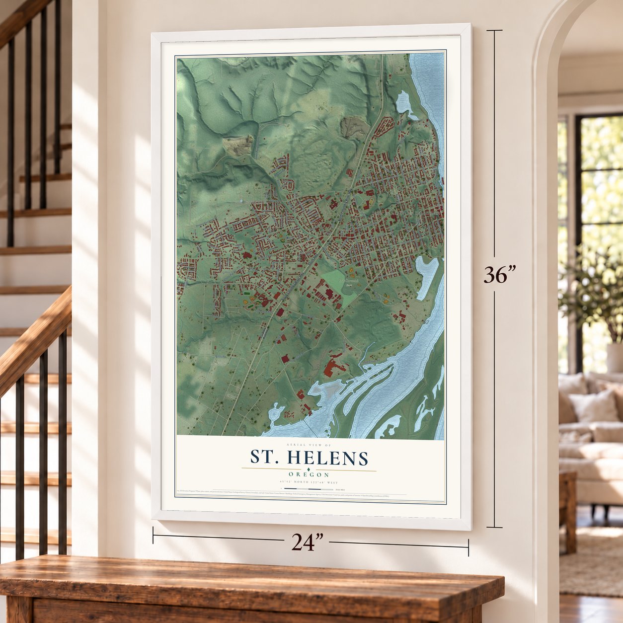 St. Helens, Oregon map, 24 x 36 inch print in a white frame by a staircase