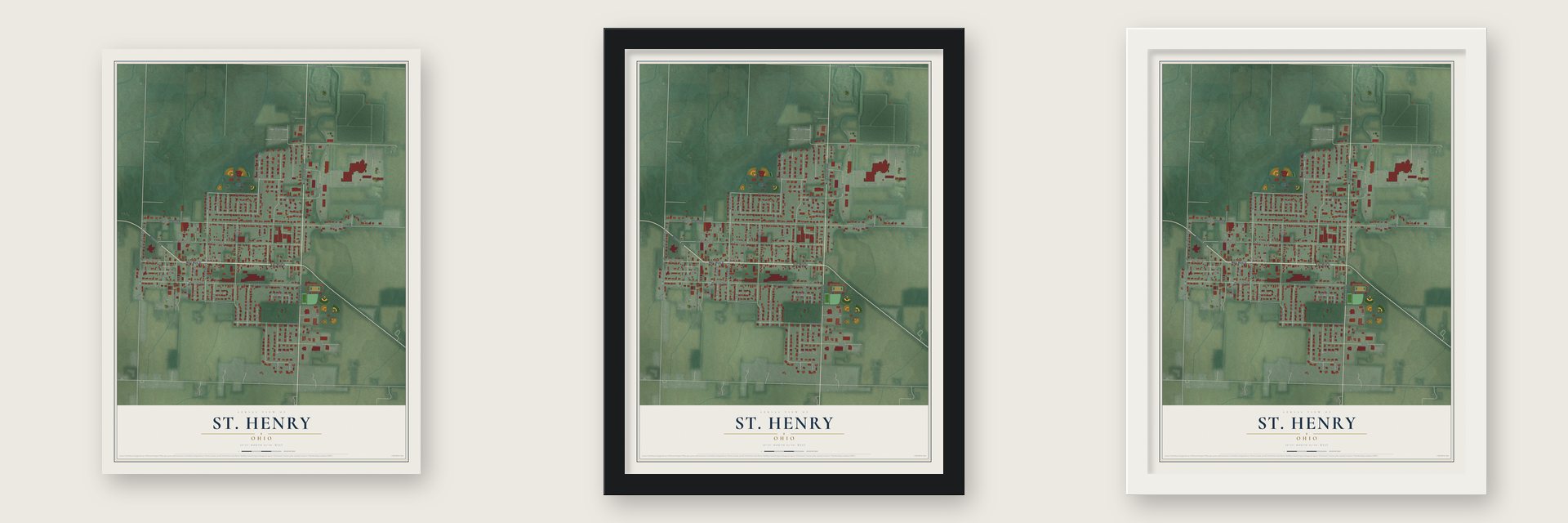 St. Henry, Ohio map unframed, in a black wood frame and in a white wood frame