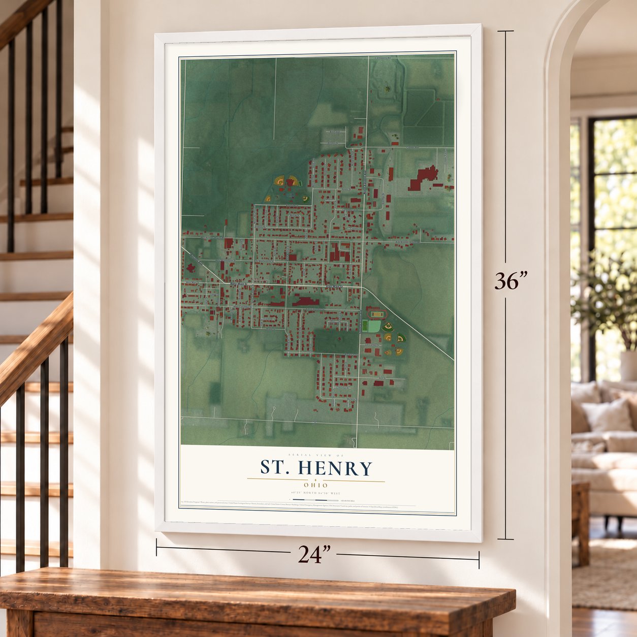 St. Henry, Ohio map, 24 x 36 inch print in a white frame by a staircase