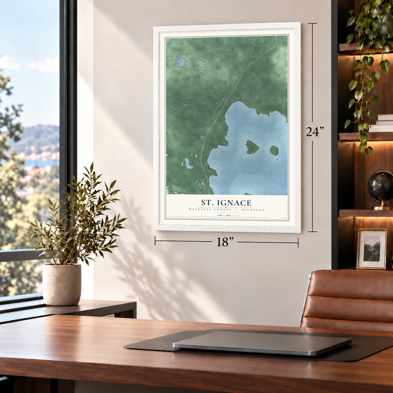 St. Ignace, Mackinac County, Michigan map, 18 x 24 inch print in a white frame in a home office