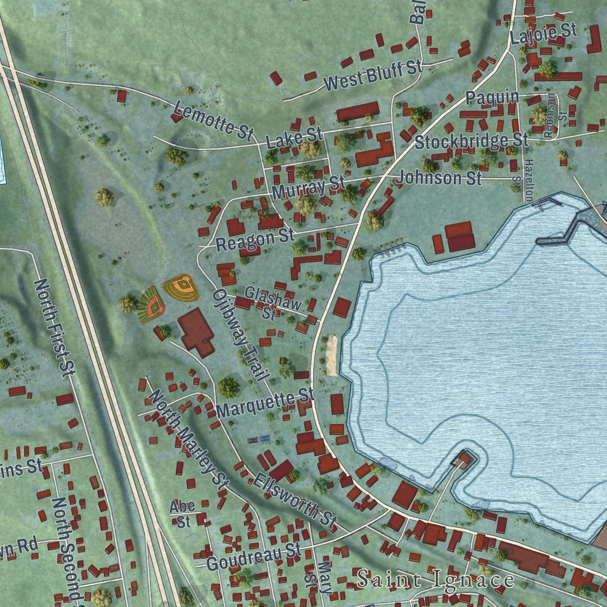 Second close-up of the map of St. Ignace, Michigan print showing more streets and buildings