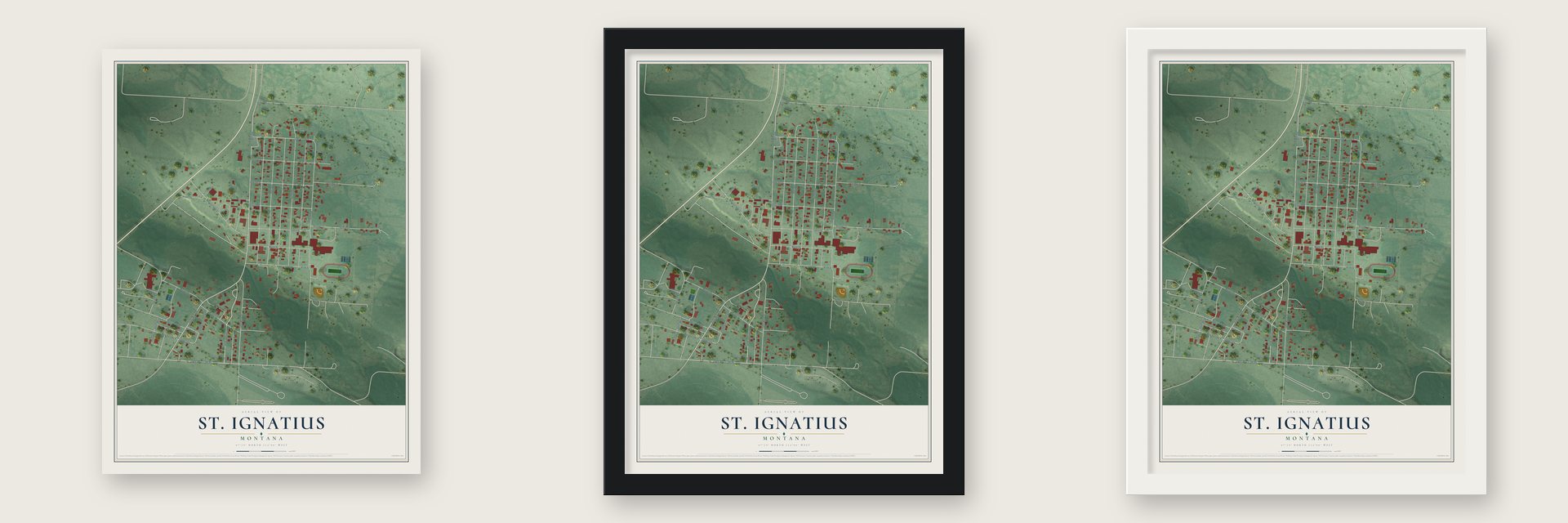St. Ignatius, Montana map unframed, in a black wood frame and in a white wood frame