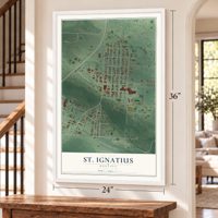 St. Ignatius, Montana map, 24 x 36 inch print in a white frame by a staircase