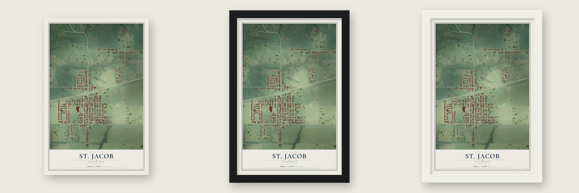 St. Jacob, Illinois map unframed, in a black wood frame and in a white wood frame