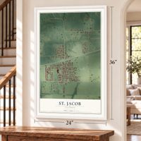 St. Jacob, Illinois map, 24 x 36 inch print in a white frame by a staircase