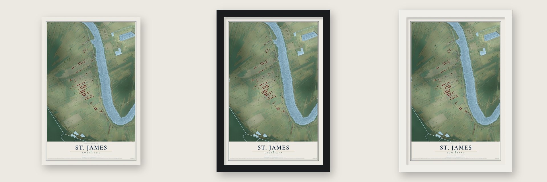 St. James, Louisiana map unframed, in a black wood frame and in a white wood frame