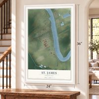 St. James, Louisiana map, 24 x 36 inch print in a white frame by a staircase